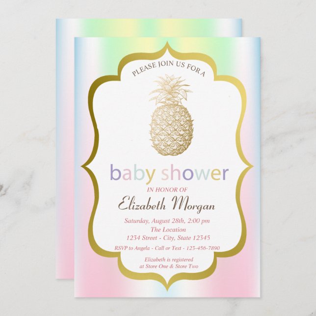 Invitación Baby Shower Holográfico Tropical Gold Pineapple (Anverso / Reverso)