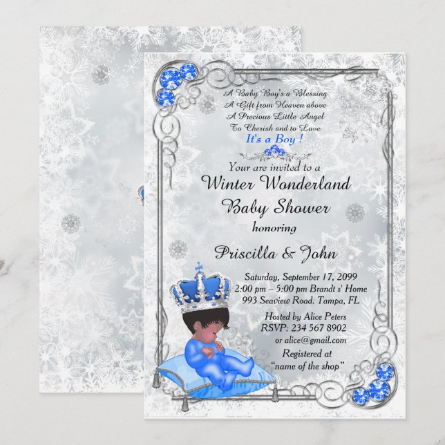 Invitación Baby Shower honra a BOY, Prince Boy, Silver y Blue (Anverso / Reverso)