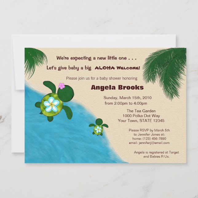 Invitación Baby Shower (Honu) AZUL de tortuga ador (Anverso)