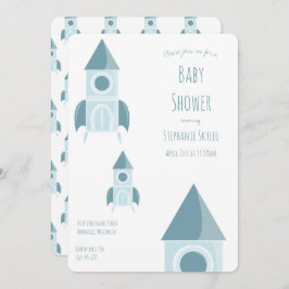 Invitación Baby Shower Ilustrado White Blue Rocket Ship