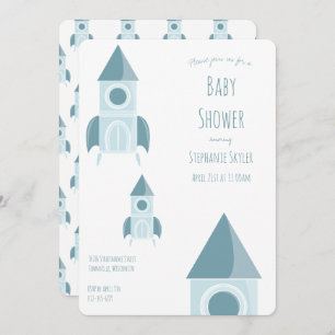 Invitación Baby Shower Ilustrado White Blue Rocket Ship