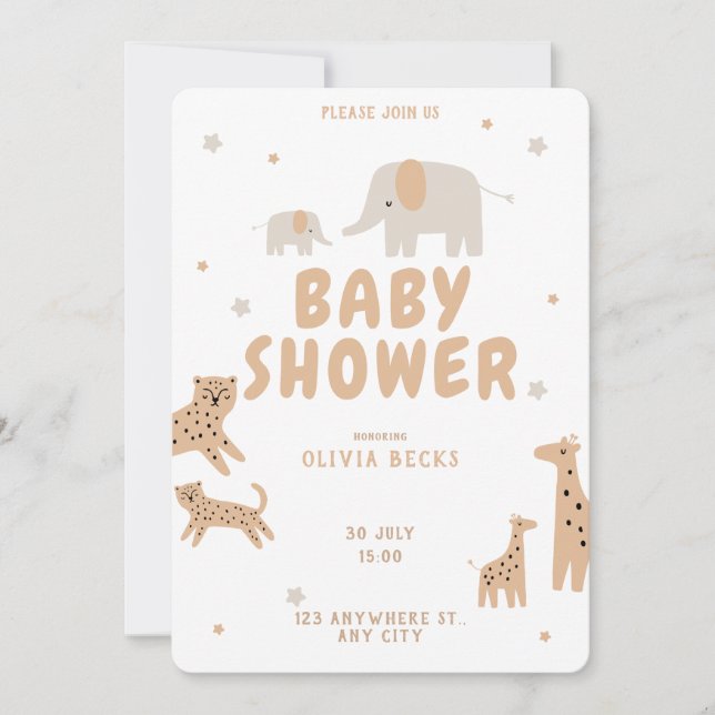 Invitación Baby Shower ilustrativo Pastel Beige Cute (Anverso)