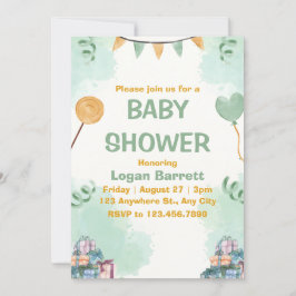 Invitación Baby Shower ilustrativo verde y amarillo adorable