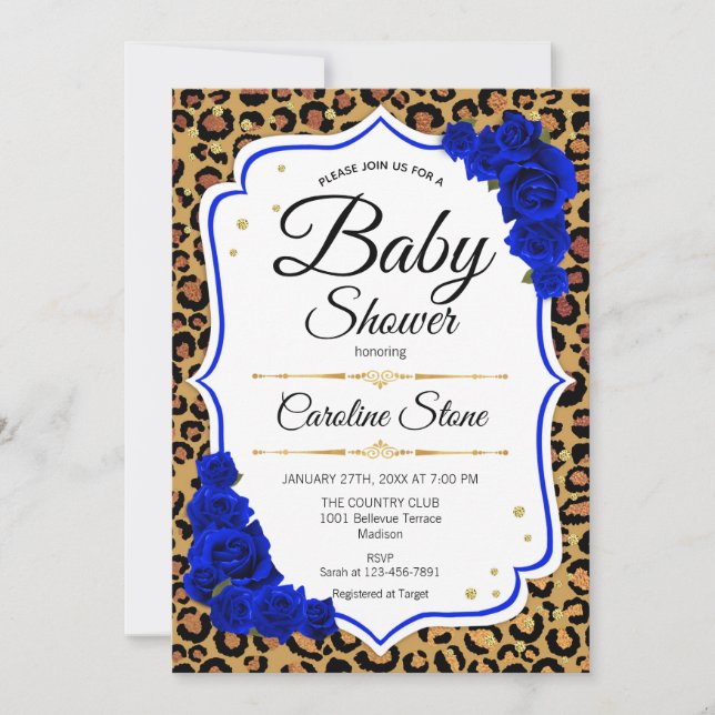 Invitación Baby Shower - Impresión de Leopardo de oro azul re (Anverso)