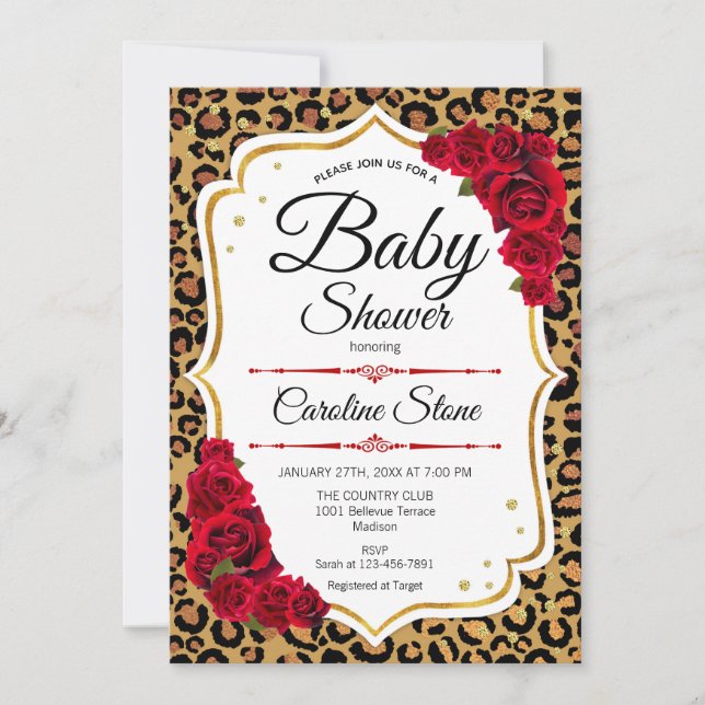 Invitación Baby Shower - Impresión de Leopardo de oro rojo (Anverso)