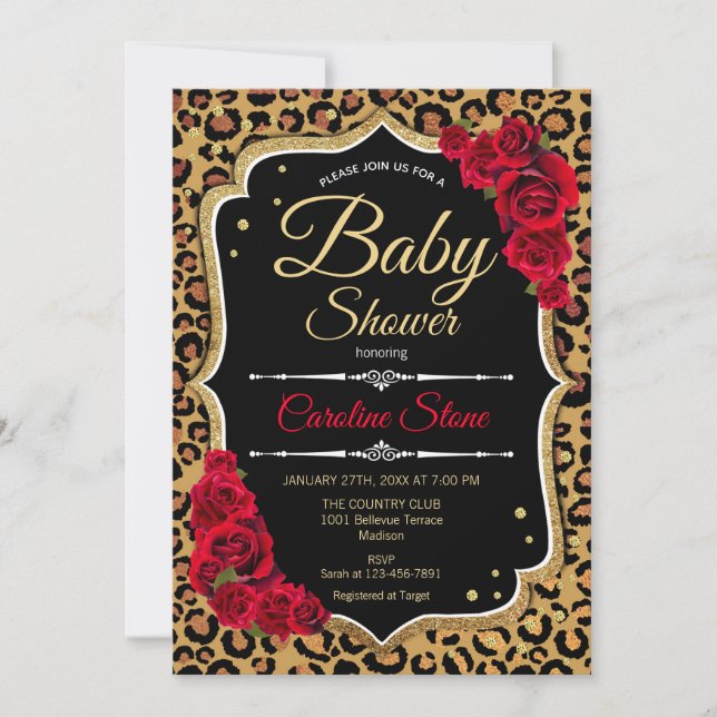 Invitación Baby Shower - Impresión de Leopardo de oro rojo ne (Anverso)