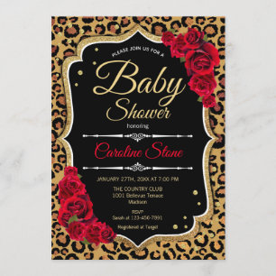 Invitación Baby Shower - Impresión de Leopardo de oro rojo ne