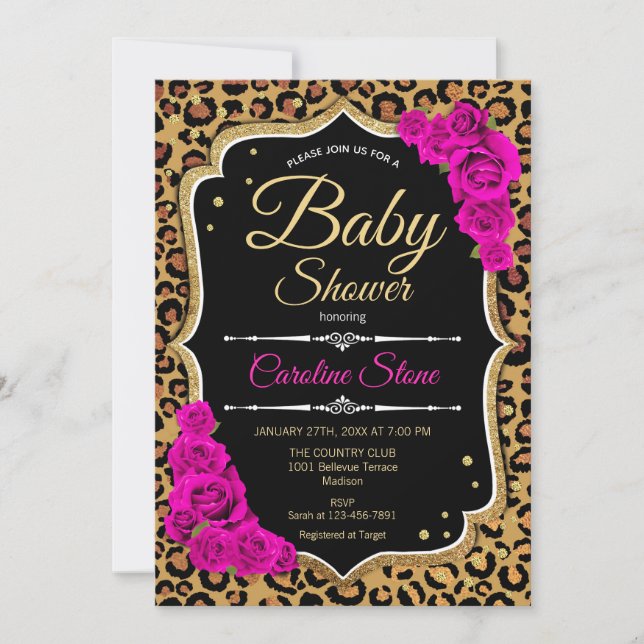 Invitación Baby Shower - Impresión de Leopardo de oro rosado  (Anverso)