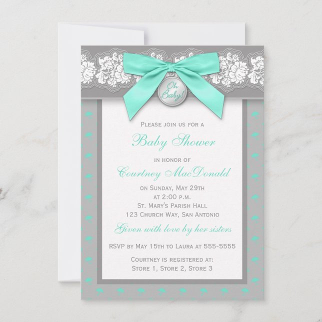 Invitación Baby Shower IMPRESO BOW Gray Floral Lac (Anverso)