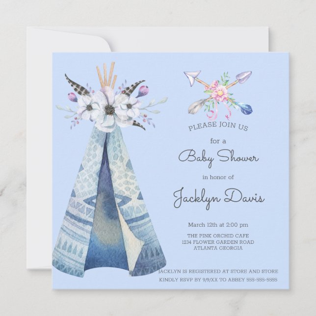 Invitación Baby Shower Indian Teepee Feathers Flores Blue (Anverso)