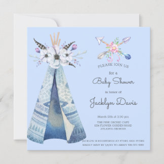 Invitación Baby Shower Indian Teepee Feathers Flores Blue