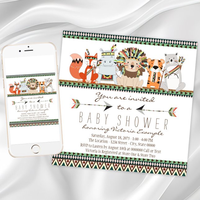 Invitación Baby Shower indígena nativo de animal tribal (Adorable tribal baby shower invitation. Instant download and printed invitations available.)