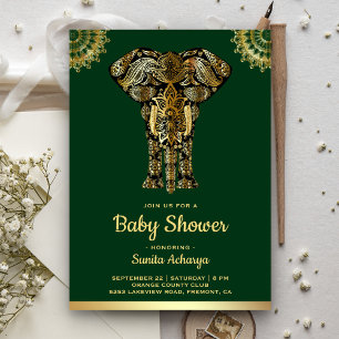 Invitación Baby Shower indio de Elefantes de Oro Verde