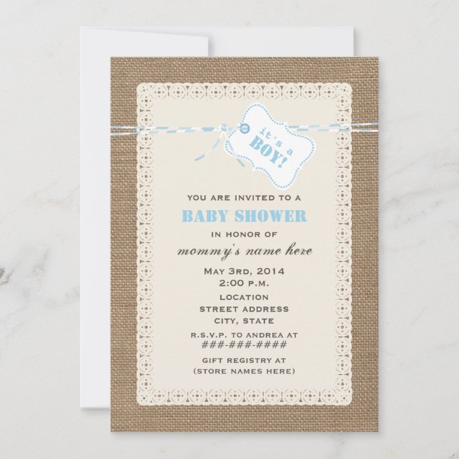 Invitación Baby Shower inspirado en burlap Lace y Blue Twine (Anverso)