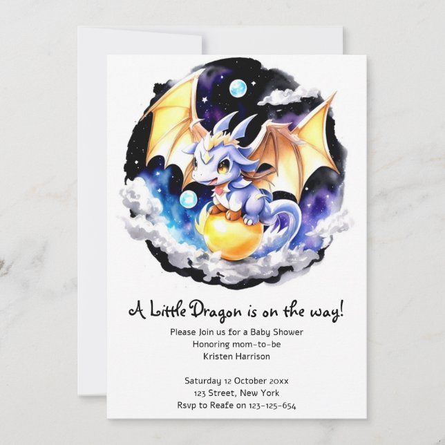 Invitación Baby Shower inspirado en dragones (Anverso)