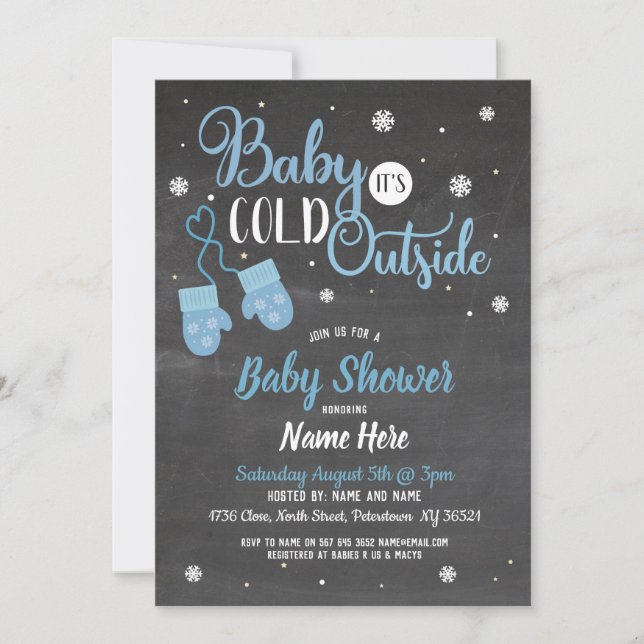 Invitación Baby Shower invita a bebé, hace frío fuera del azu (Anverso)