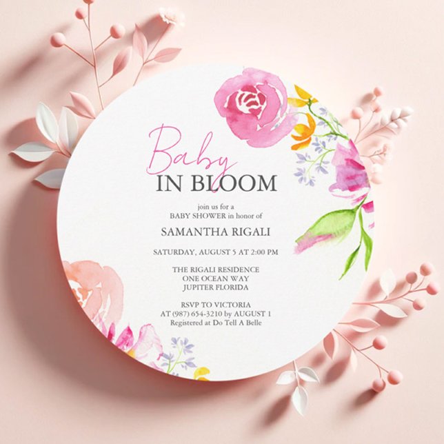 Invitación Baby Shower Invita A Bebé Rosa En Bloom (Baby in bloom baby shower invitations for girl features watercolor floral art Victoria Grigaliunas)