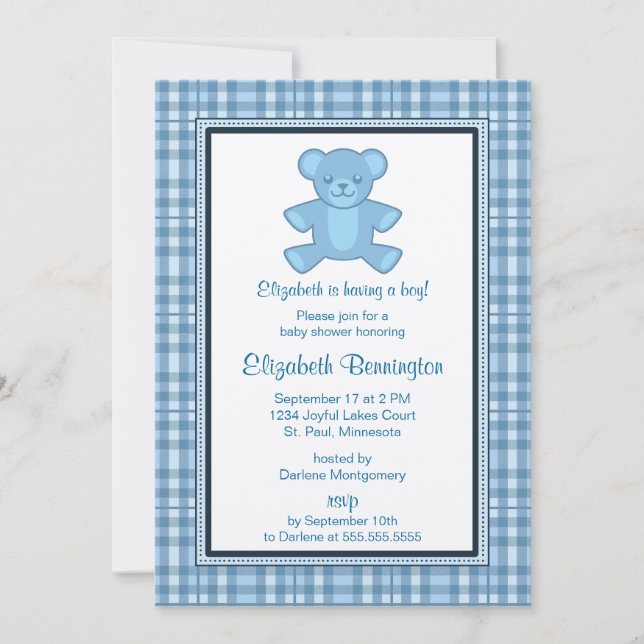Invitación Baby Shower invita a Plaid Bear Boy personalizado (Anverso)