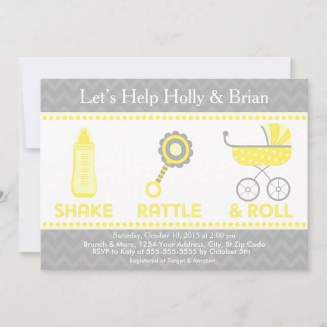 Invitación Baby Shower invita al amarillo - sacudida, (Anverso)