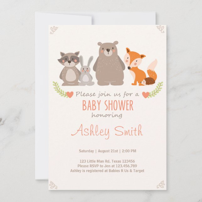 Invitación Baby Shower invita al bosque de animales Woodland (Anverso)
