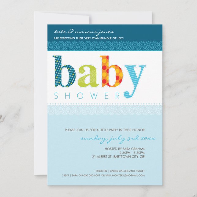 Invitación BABY SHOWER INVITA :: letras con estampado de bebé (Anverso)