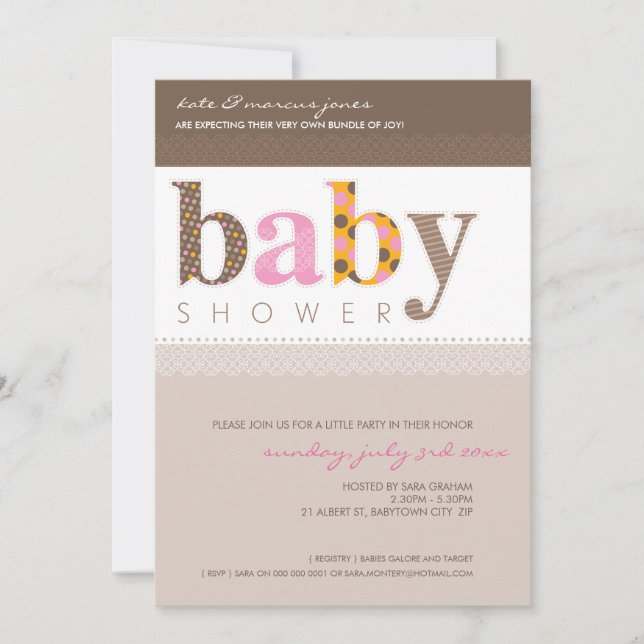 Invitación BABY SHOWER INVITA :: letras con estampado de bebé (Anverso)