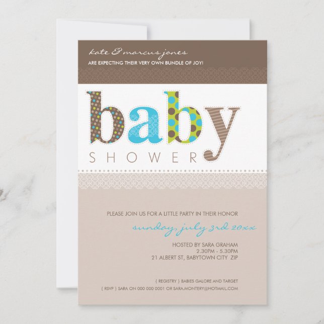 Invitación BABY SHOWER INVITA :: letras con estampado de bebé (Anverso)