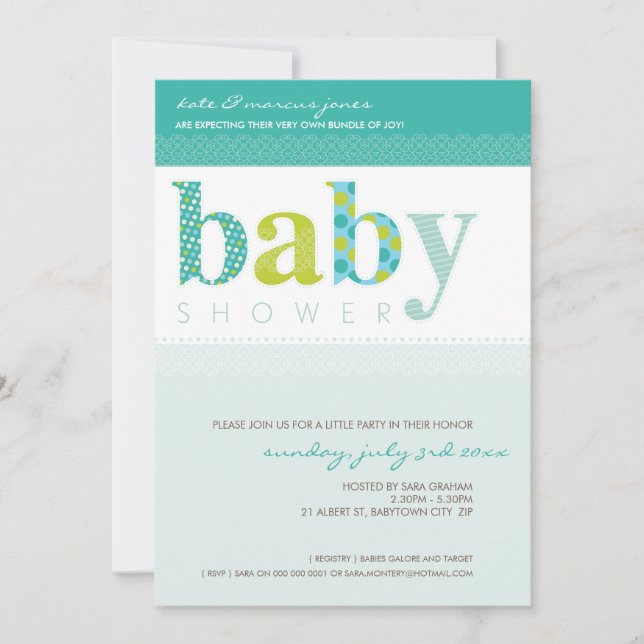 Invitación BABY SHOWER INVITA :: letras con estampado de bebé (Anverso)
