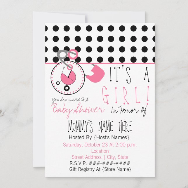 Invitación Baby Shower invita - Pin rosado del pañal y lunar (Anverso)
