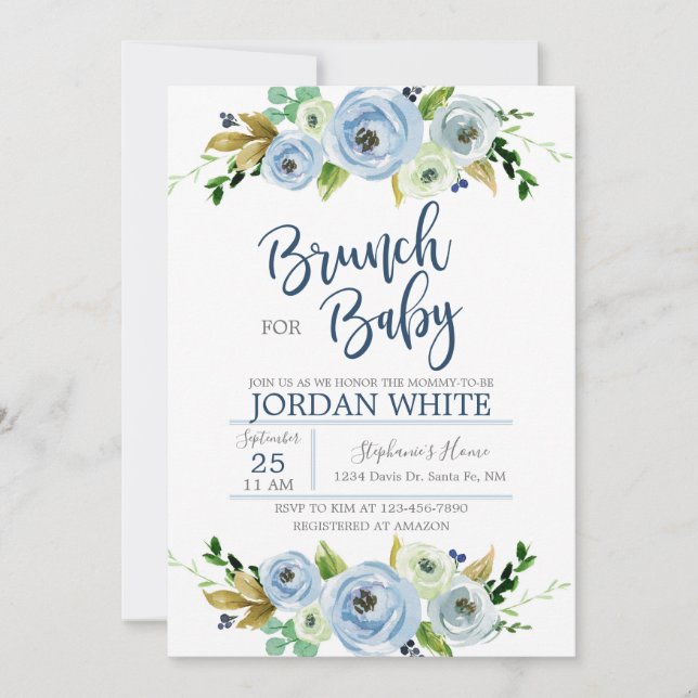 Invitación Baby shower invitation boy, blue floral invite (Anverso)