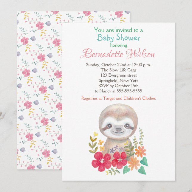 Invitación Baby Shower Invitation Cute Sloth Baby Shower (Anverso / Reverso)