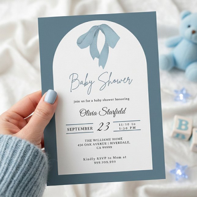Invitación Baby Shower Invitation for Boy – Blue Bow, Modern (Subido por el creador)