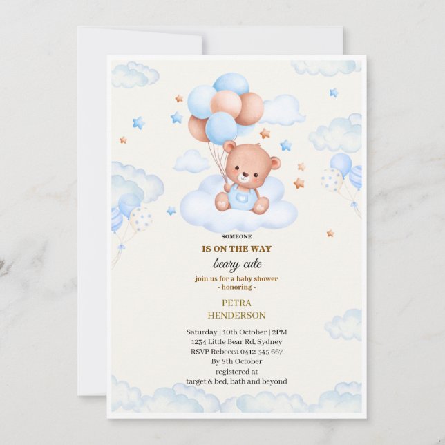 Invitación Baby shower invitation in the shape of a blue  (Anverso)