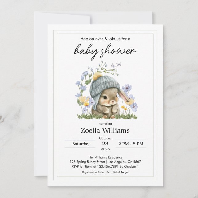 Invitación Baby Shower Invitation Simple Flowers Bunny (Anverso)