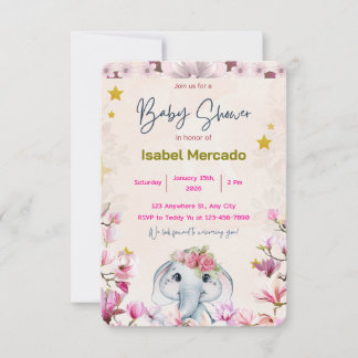 Invitación Baby Shower Invitation with Floral Elephant.