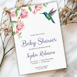 Invitación baby shower invitation with pink flowers and bird 