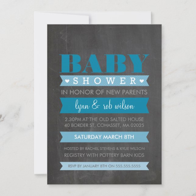 Invitación BABY SHOWER INVITE azul moderno de pizarra (Anverso)
