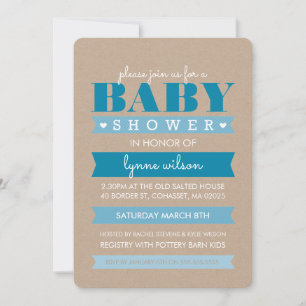 Invitación Baby Shower INVITE kraft rústico moderno BLUE blan