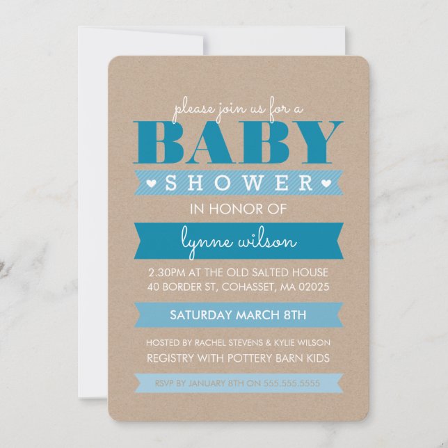 Invitación BABY SHOWER INVITE moderna kraft blanco BLUE (Anverso)