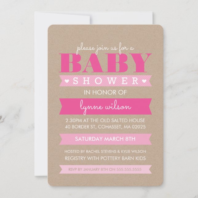 Invitación BABY SHOWER INVITE moderno kraft rústico blanco ro (Anverso)