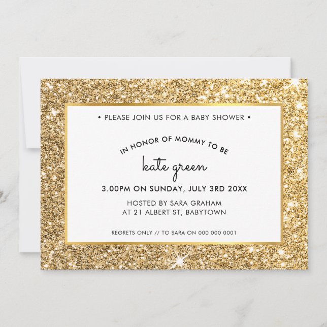 Invitación BABY SHOWER INVITES glamoroso purpurina de oro (Anverso)