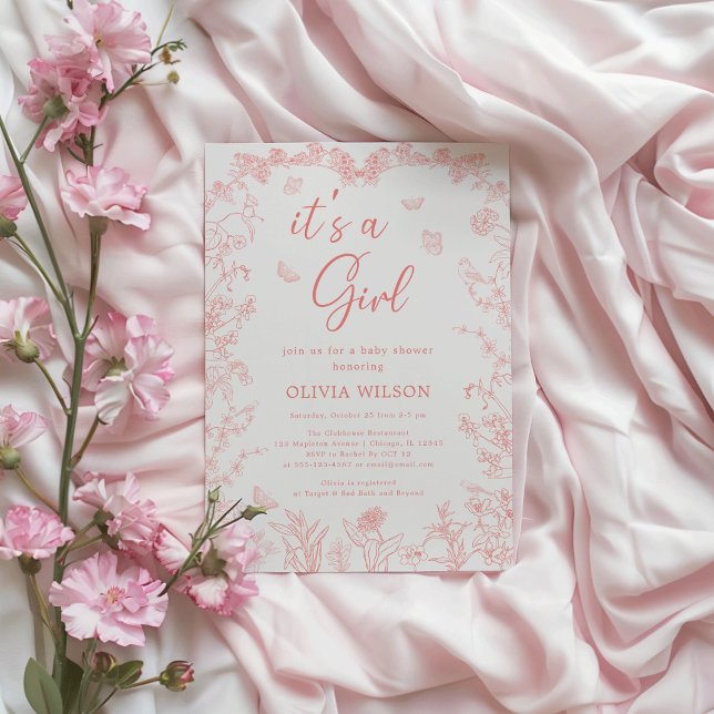 Invitación Baby Shower 'It's a Chica', Chinoiserie rosa de co ("Whimsical Peach Pink Garden Chinoiserie 'It's a Girl' Baby Shower Invitation"

)