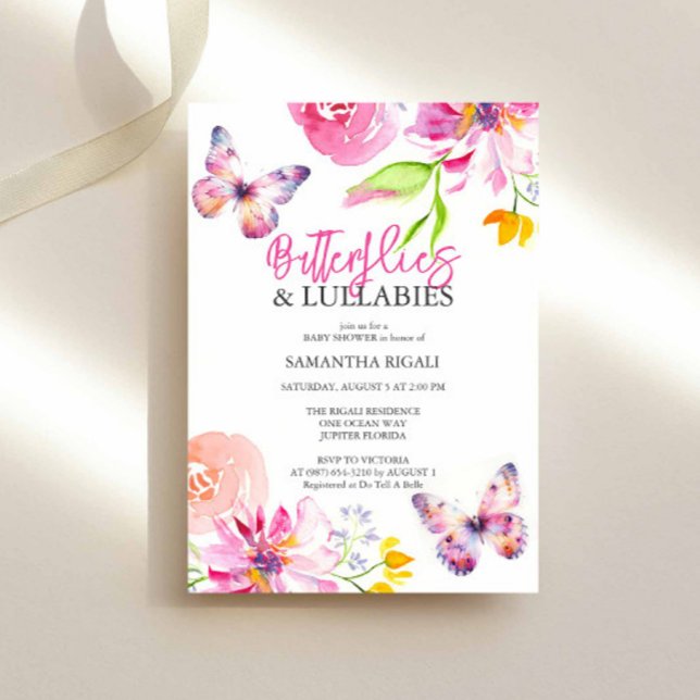 Invitación Baby Shower Jardín de flores y flores (Butterfly baby shower invitation features floral and butterflies watercolor art Victoria Grigaliunas)
