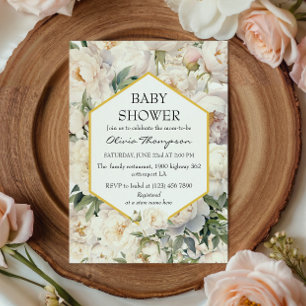 Invitación Baby Shower Jardín de Peonías Marfil con Marco Dor