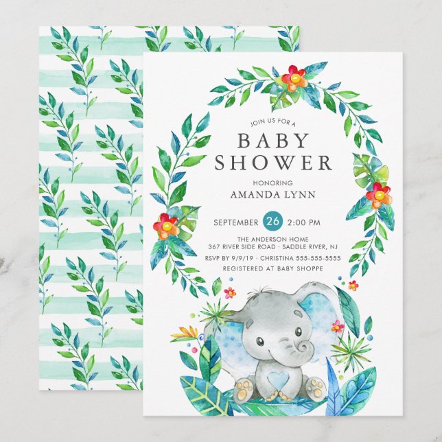 Invitación Baby Shower Jungle Blue Elephant Boy (Anverso / Reverso)