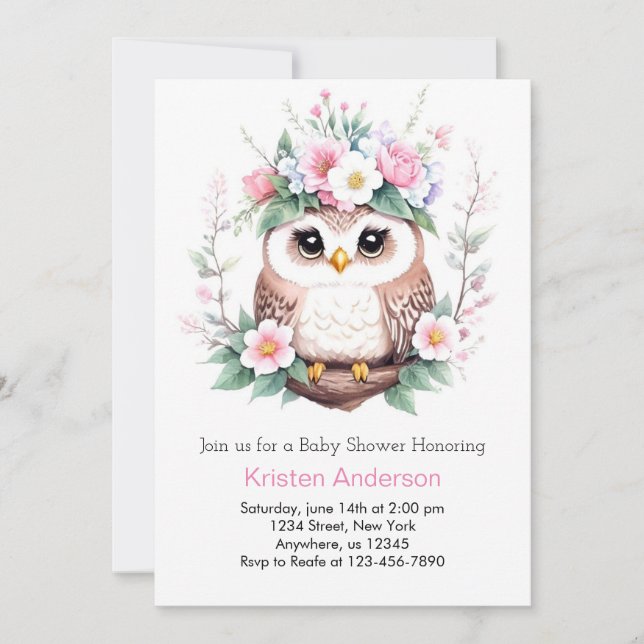 Invitación Baby Shower, la encantada Chica rosa de Lechuza (Anverso)