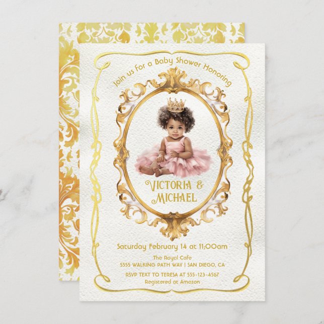Invitación Baby Shower, la princesa africana de oro (Anverso / Reverso)