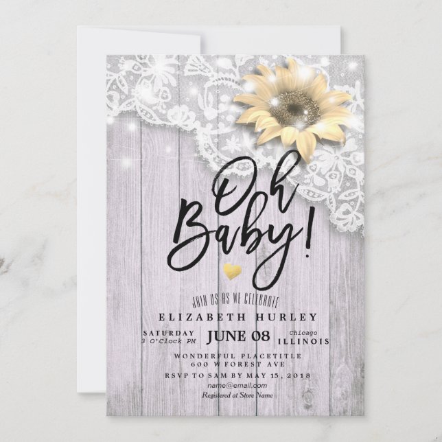 Invitación Baby Shower Lace Sunflower Barn Wood String Luces (Anverso)