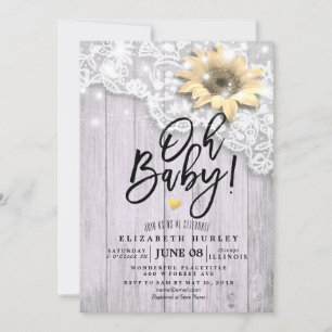 Invitación Baby Shower Lace Sunflower Barn Wood String Luces