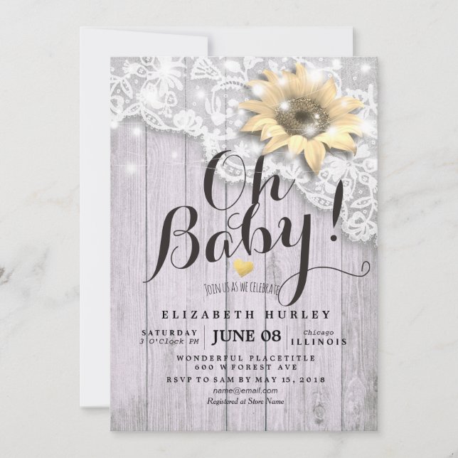 Invitación Baby Shower Lace Sunflower Barn Wood String Luces (Anverso)